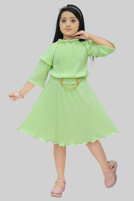 newsifa Girls Midi/Knee Length Casual Dress(Green, 3/4 Sleeve)