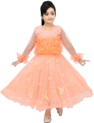 Zenat Girls Maxi/Full Length Party Dress(Orange, Full Sleeve)