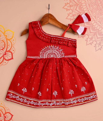 Elegant Attire Girls Midi/Knee Length Casual Dress(Red, Sleeveless)