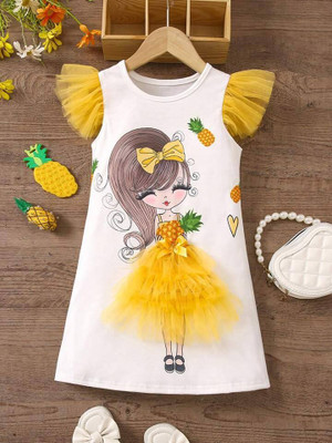 Dhanvi Dresses Girls Midi/Knee Length Party Dress(White, Yellow, Short Sleeve)
