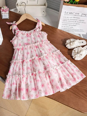 RADHEKRISHNATEX Girls Midi/Knee Length Party Dress(Pink, Sleeveless)