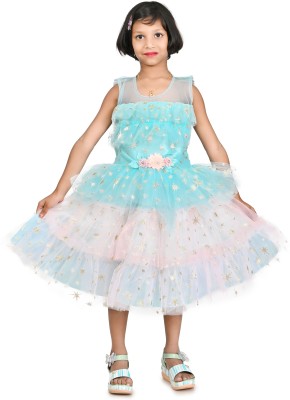 Zenat Girls Calf Length Party Dress(Light Blue, Sleeveless)