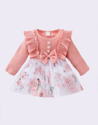 Maqorama Fashion Girls Midi/Knee Length Casual Dress(Pink, Full Sleeve)