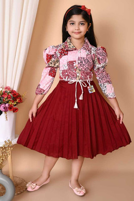 MIR FASHION Indi Girls Below Knee Party Dress(Maroon, Half Sleeve)