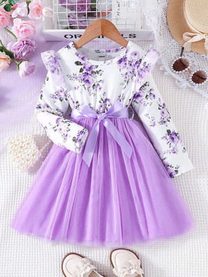 Miss & Chief Indi Girls Midi/Knee Length Party Dress(Purple, Full Sleeve)