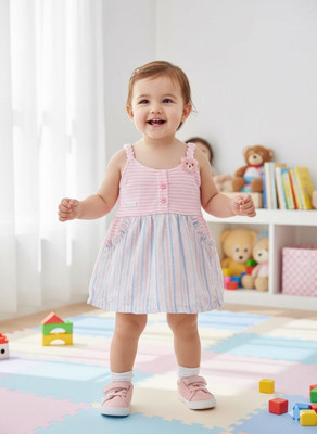 Kiko Indi Girls Above Knee Casual Dress(Pink, Half Sleeve)