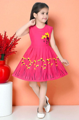 SS QUEEN GARMENTS Girls Midi/Knee Length Casual Dress(Pink, Sleeveless)