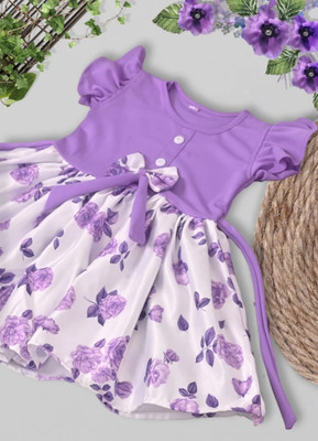 SCARFHAVEN Girls Midi/Knee Length Casual Dress(Purple, Short Sleeve)