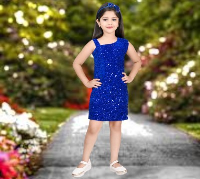 RRFASHION Girls Above Knee Party Dress(Blue, Sleeveless)