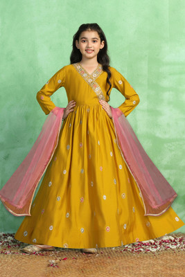 Sangria Girls Maxi/Full Length Festive/Wedding Dress(Yellow, 3/4 Sleeve)