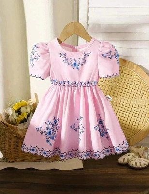 RANU FASHION Girls Midi/Knee Length Casual Dress(Pink, Short Sleeve)