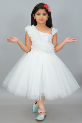 IKONIC FASHION Girls Midi/Knee Length Party Dress(White, Sleeveless)