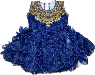 AGFashion Girls Midi/Knee Length Festive/Wedding Dress(Blue, Sleeveless)