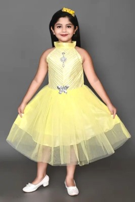 Kids Wear Fashion Baby Girls Midi/Knee Length Festive/Wedding Dress(Yellow, Sleeveless)