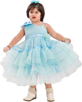 MUMMASCHOICE Indi Girls Midi/Knee Length Party Dress(Light Blue, Sleeveless)