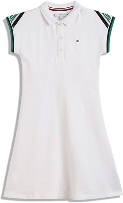 TOMMY HILFIGER Girls Midi/Knee Length Casual Dress(White, Short Sleeve)