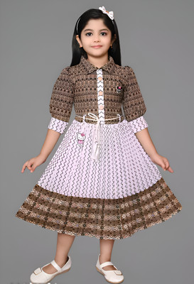 BISAL Indi Girls Calf Length Casual Dress(Brown, 3/4 Sleeve)