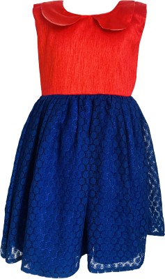 She Designs Girls Below Knee Casual Dress(Blue, Sleeveless)