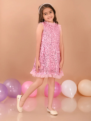 Style Connect Indi Girls Midi/Knee Length Party Dress(Pink, Short Sleeve)