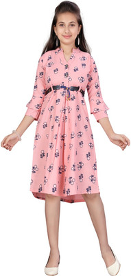 Yk Girls Midi/Knee Length Casual Dress(Pink, 3/4 Sleeve)