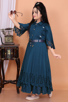 Mdmongaldresses Girls Maxi/Full Length Party Dress(Dark Blue, 3/4 Sleeve)