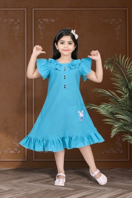 Star Case Girls Calf Length Casual Dress(Blue, Short Sleeve)