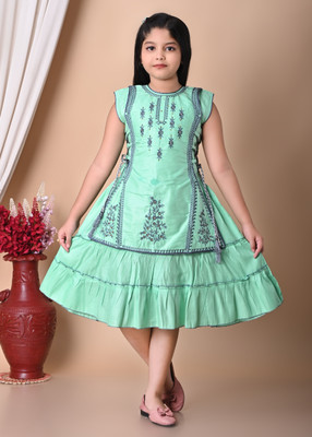 j.n.s rozina Indi Girls Below Knee Festive/Wedding Dress(Green, Sleeveless)