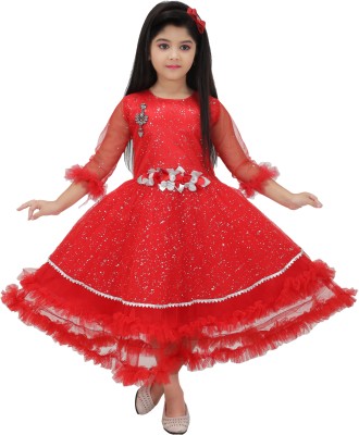 TODAY F Indi Girls Calf Length Festive/Wedding Dress(Red, 3/4 Sleeve)