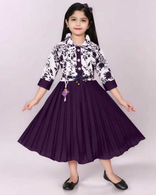 KidsCute Baby Girls Calf Length Casual Dress(Purple, 3/4 Sleeve)