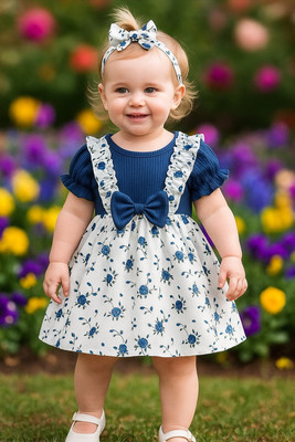 Classy Moda Girls Above Knee Casual Dress(Blue, White, Short Sleeve)