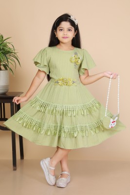 YALIKOLKATA Girls Mini/Short Party Dress(Green, Sleeveless)