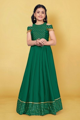 Fashion Dream Girls Maxi/Full Length Festive/Wedding Dress(Green, Half Sleeve)