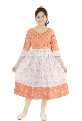 ANG FASHION Indi Girls Midi/Knee Length Casual Dress(Orange, 3/4 Sleeve)