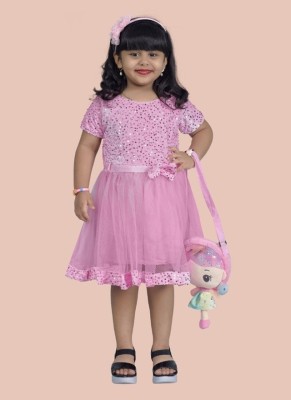 Shree fashion fab Indi Girls Midi/Knee Length Casual Dress(Pink, Short Sleeve)