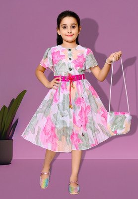 Lucky Fashion Planet Indi Girls Below Knee Casual Dress(Pink, Fashion Sleeve)