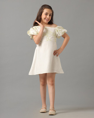 Under Fourteen Only Girls Midi/Knee Length Casual Dress(White, Fashion Sleeve)