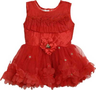 V-MART Indi Baby Girls Midi/Knee Length Casual Dress(Red, Sleeveless)