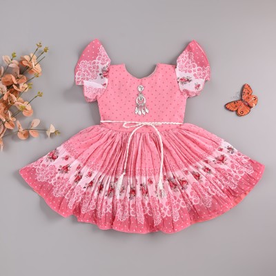 M Kolkata Garments No Baby Girls Calf Length Festive/Wedding Dress(Pink, Short Sleeve)