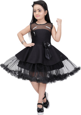 Zevvie Girls Midi/Knee Length Party Dress(Black, Sleeveless)