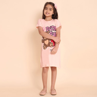 Yk Girls Midi/Knee Length Casual Dress(Pink, Short Sleeve)