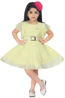 RKTM Girls Midi/Knee Length Party Dress(Yellow, Fashion Sleeve)