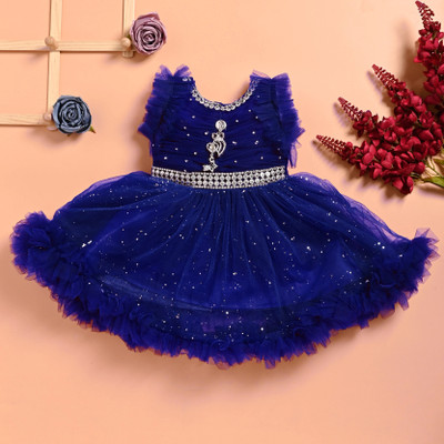F B Collction Indi Girls Midi/Knee Length Festive/Wedding Dress(Blue, Sleeveless)