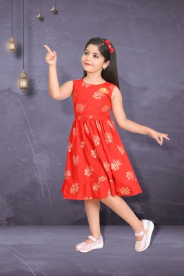 CUTE XII FASHION Girls Midi/Knee Length Casual Dress(Red, Sleeveless)