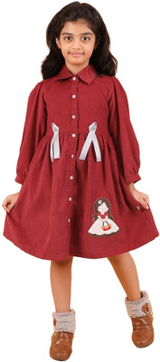 CALYX CLOTHING Indi Girls Midi/Knee Length Casual Dress(Maroon, Full Sleeve)