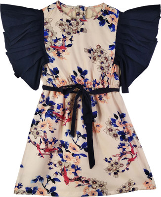 SILK SPAROW Girls Midi/Knee Length Casual Dress(Beige, Blue, Fashion Sleeve)