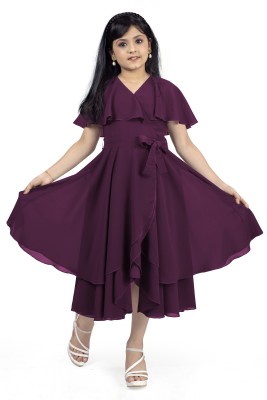 Billion Girls Calf Length Casual Dress(Maroon, Short Sleeve)