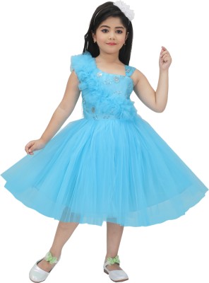 Zenat Girls Calf Length Party Dress(Blue, Sleeveless)