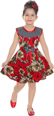 N BAHUBALI Indi Girls Midi/Knee Length Casual Dress(Red, Sleeveless)