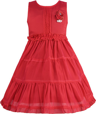 Silver Kraft Girls Midi/Knee Length Casual Dress(Red, Sleeveless)