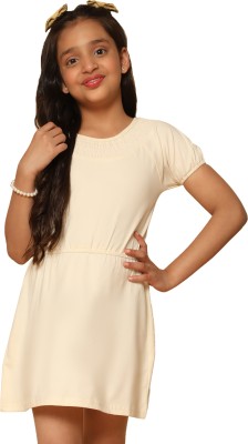 Kids Cave Girls Above Knee Casual Dress(Beige, Short Sleeve)